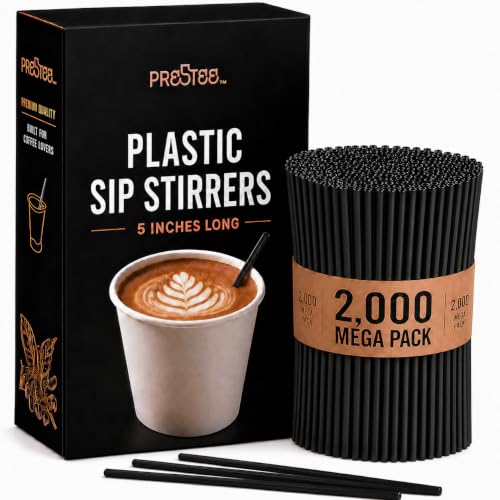Prestee Plastic Coffee Stirrers, 2000ct, 5" - Plastic Straws, Drinks and Coffee Stir Sticks, Cocktail Swizzle Sticks, Disposable Stir Stick, Drinking Straws for Cocktails (Black) - color: Black, size: 2000 Pack (5'')
