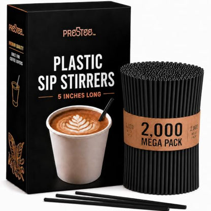 Prestee Plastic Coffee Stirrers, 2000ct, 5" - Plastic Straws, Drinks and Coffee Stir Sticks, Cocktail Swizzle Sticks, Disposable Stir Stick, Drinking Straws for Cocktails (Black) - color: Black, size: 2000 Pack (5'')