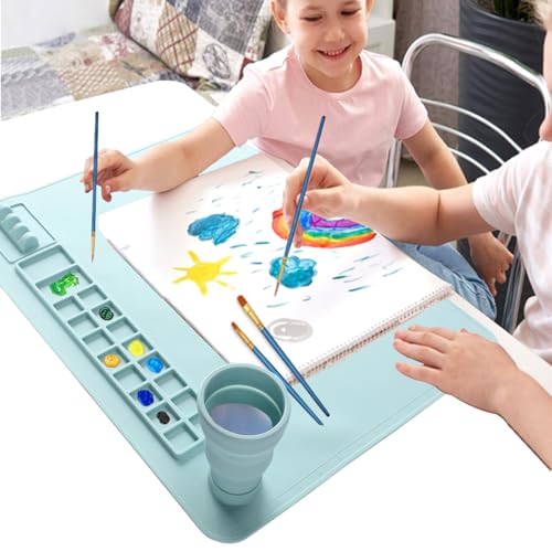 Silicone Painting Mat, 20"x 16" Silicone Art Mat with Cup, Kids Painting mat for Resin, DIY, Drawing Resin, Paint, Clay， Large Craft, (Blue) - color: Blue