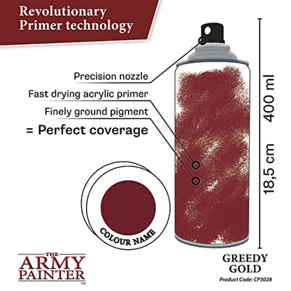 The Army Painter Colour Primer Greedy Gold, 400 mL Acrylic Spray Primer, Spray Paint for Miniature Priming Basecoat, Tabletop Roleplaying, Boardgames, and Wargames Miniature Modelling - color: Greedy Gold