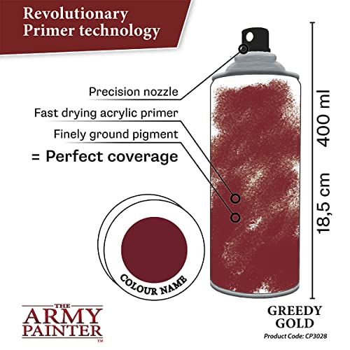 The Army Painter Colour Primer Greedy Gold, 400 mL Acrylic Spray Primer, Spray Paint for Miniature Priming Basecoat, Tabletop Roleplaying, Boardgames, and Wargames Miniature Modelling - color: Greedy Gold