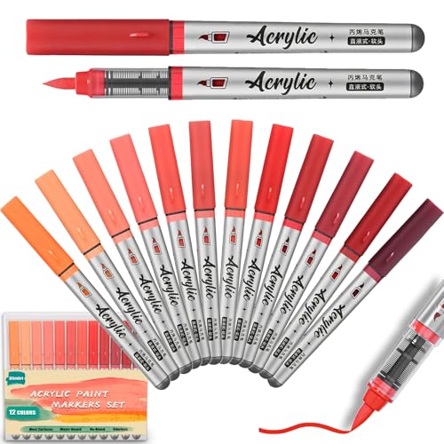 Red Acrylic Paint Markers Pens 12 Color Creative Marker Set with Soft Brush Tip Blendable, Water-Based Formula for Paper, Wood, Ceramic, Glass, Rock, Canvas, Metal, Ideal for DIY Crafts - color: Red