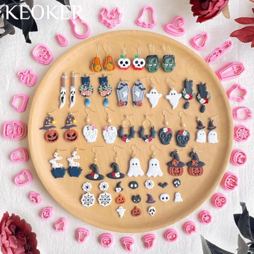 Keoker Halloween Polymer Clay Cutters, Polymer Clay Cutters Halloween, 30 Shapes Halloween Clay Cutters for Earrings, Pumpkin Clay Cutters for Polymer Clay Jewelry, Mini Clay Cutters - color: ALL 2