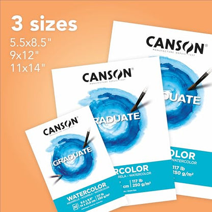 Canson Graduate Watercolor Pad, Foldover, 9x12 inch, 20 Sheets | Artist Paper for Adults and Students - Painting, Gouache, Mixed Media and Ink (Pack of 12) - size: 9x12 inch (Pack of 12)