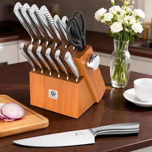 imarku 14-Piece Knife Set with Block, One Set for Meat, Fish, Veggies & Bread, Glides Through Every Cut, High Carbon Stainless Steel with Built-in Sharpener, Dishwasher Safe,Utility Knives - color: Light Brown, size: 14 Pcs