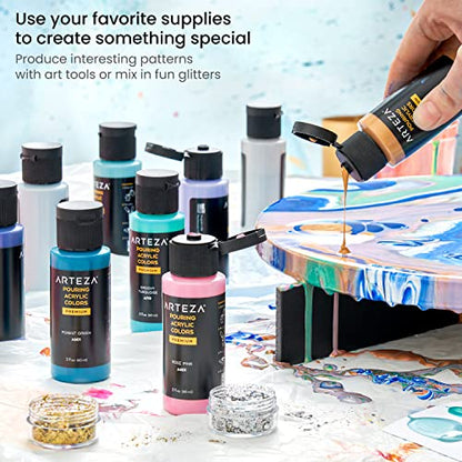 ARTEZA Acrylic Pouring Kit – 14 High-Flow Paints, 2 Stretched Canvases, 2 Wooden Slices, Glitter, Palette Knives & Craft Tools for Acrylic Pouring Projects