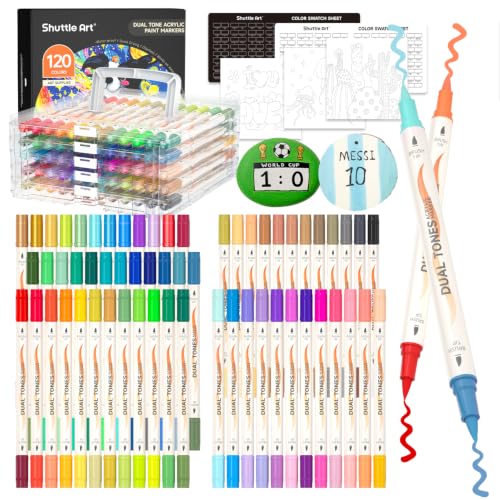 Shuttle Art 120 Colors Dual Tone Acrylic Paint Markers, 60 Pack Acrylic Paint Pens Set for Rock Painting, Ceramic, Wood, Canvas, Glass, Stone, Fabric, Card Making, DIY Football Crafts, FlipFunAlong - color: 120 Colors(pack of 60)