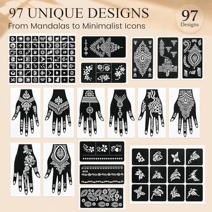 Koogel 18 Sheets 97PCS Henna Tattoo Stencil Kit, Reusable Mehndi Templates for Bridal Mehndi & Music Festivals — Indian Wedding, Bachelorette Party, Summer Body Art, Women Girls Kids - color: Black1