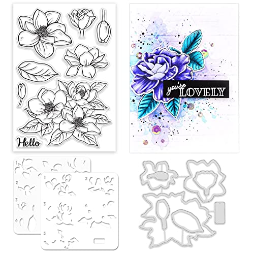 ORIGACH Realistic Magnolia Flower Stamps and Die and Layering Coloring Stencil Bundle for Card Making Album Arts Crafts Supplies - color: Magnolia