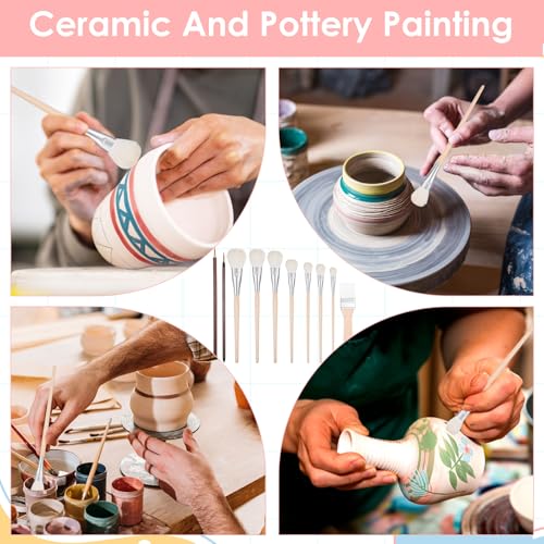10pcs Mop Brush for Acrylic Painting, Pottery Glazing Brushes, Goat Hair Mop & Blending Brushes for Pottery, Acrylic, Watercolor, Oil - Soft Bristle Artist Tools for Glazing, Detailing, and Finishing