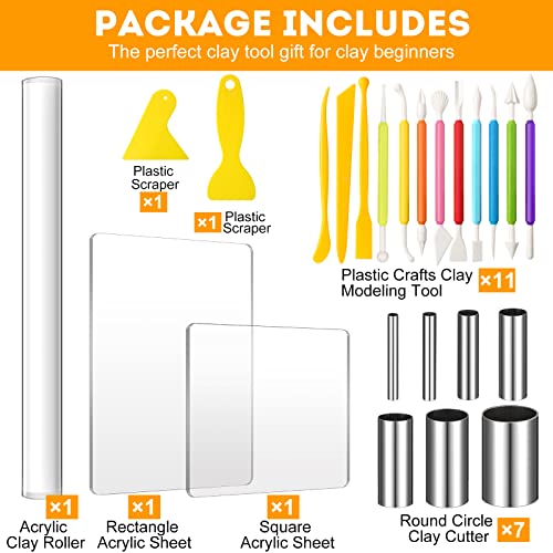 Honoson 24 Pcs Clay Sculpting Tools Kits Polymer Clay Tools DIY Set with Roller, Acrylic Sheet, Scraper Backing Board, Round Circle Shape Cutter, Shaping for Art Craft(Colorful) - color: Colorful