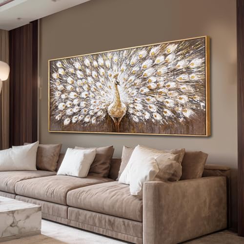 White And Gold Peacock Wall Art,Large Canvas Wall Decor,Pictures Artwork Animal Posters Prints for Living Room Restroom Home Decor Framed 29"x58" - color: White and Gold, size: 58"L x 29"W