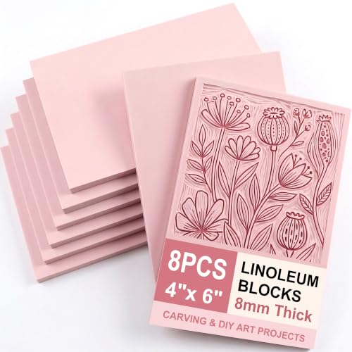 SGHUO 8pcs 4"x6" Rubber Carving Blocks, Soft Linoleum Block for Printmaking, Rectangle Linocut Blocks Stamp Carving Tools, Easy Cut Lino Blocks Crafts Making Kit (Pink-8mm Thick) - color: Pink-8pcs