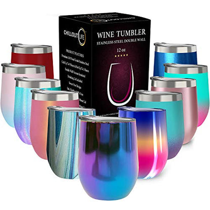 CHILLOUT LIFE 12 oz Stainless Steel Wine Tumbler with Lid - Double Wall Vacuum Insulated Wine Cup Glass Keeping Cold & Hot for Coffee, Champagne, Cocktails, Ice Cream - Dishwasher Safe Color - color: Magic Blue, style: 1 Pack