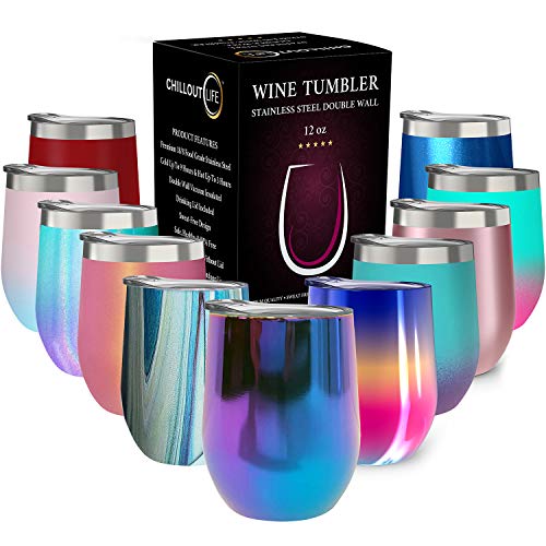 CHILLOUT LIFE 12 oz Stainless Steel Wine Tumbler with Lid - Double Wall Vacuum Insulated Wine Cup Glass Keeping Cold & Hot for Coffee, Champagne, Cocktails, Ice Cream - Dishwasher Safe Color - color: Magic Blue, style: 1 Pack