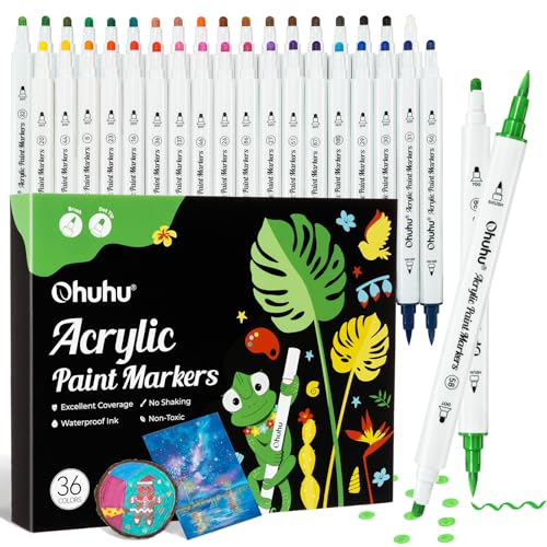 Ohuhu Acrylic Paint Markers Dual Tips: 36 Colors Brush & Dot Paint Pens High Opacity Acrylic Markers Water-Resistant Lightfast for Rock Painting 3D Prints Eggs Wood Glass Ceramic DIY Crafts - Akaka
