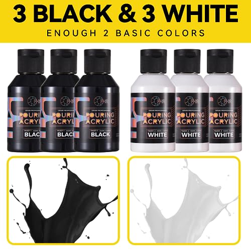 OPHIR Total 22.8OZ Acrylic Pour Paint Set, 3 Black and 3 White Premixed Acrylic Pouring Paint Supplies for Canvas, Rocks, Wood, Glass, Paper, Crafts, Water Based Ready to Pour White or Black Paints - color: 3 Black & 3 White Set