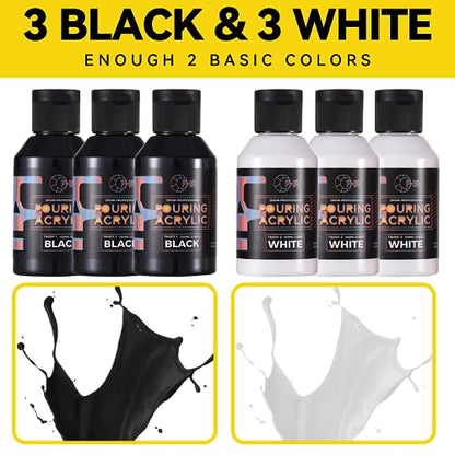 OPHIR Total 22.8OZ Acrylic Pour Paint Set, 3 Black and 3 White Premixed Acrylic Pouring Paint Supplies for Canvas, Rocks, Wood, Glass, Paper, Crafts, Water Based Ready to Pour White or Black Paints - color: 3 Black & 3 White Set
