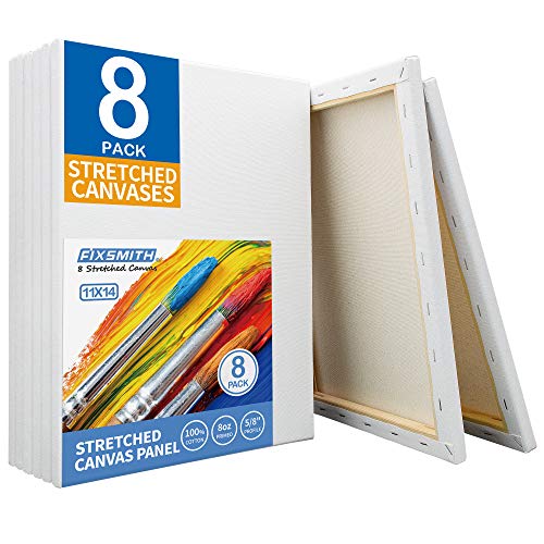FIXSMITH Stretched White Blank Canvas - 11x14 Inch, 8 Pack, Primed,100% Cotton,5/8 Inch Profile of Super Value Pack for Acrylics,Oils & Other Painting Media - size: 11"x14"