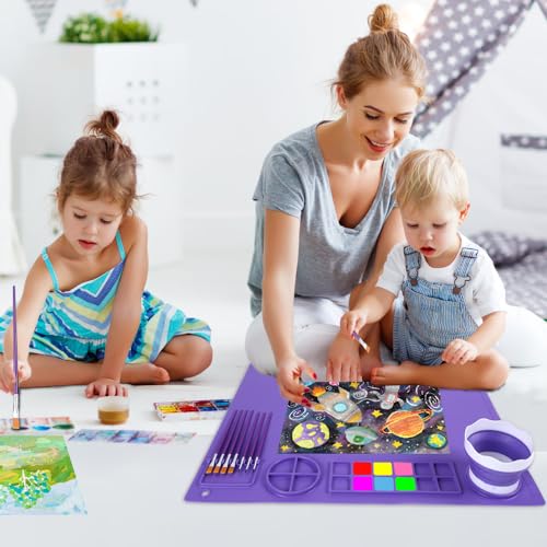 DIYDEC Silicone Art Mat 20x16 Inch - Large Silicone Painting Mat with Detachable Cup, 10 Painting Brushes, 5 Sponge Brushes - Kids & Adult DIY Accessories (Purple) - color: Purple