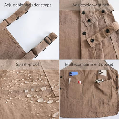 NEWGEM Waterproof Apron with Pockets for Women Cooking Painting Baking Gardening - color: 6 Pockets Khaki