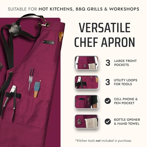 Asaya Chef and BBQ Apron with Bottle Opener and Hand Towel - 10oz Cotton Canvas, Stainless Steel Hardware - Cross Back Straps - color: Burgundy