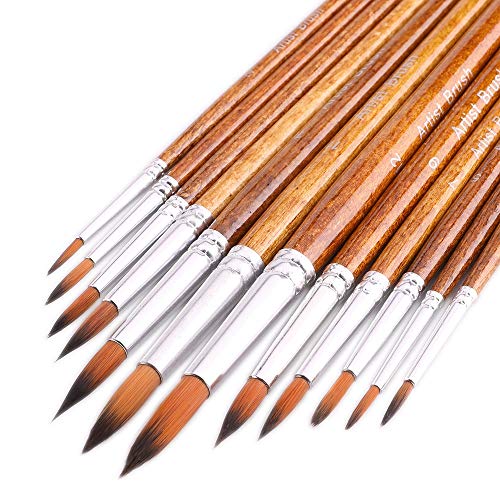 Artist Watercolor Paint Brushes, Round Pointed Tip Paint Brushes Set, 12pcs Different Sizes Detail Paint Brush for Watercolor, Acrylics, Ink, Gouache, Oil, Tempera (Brown)