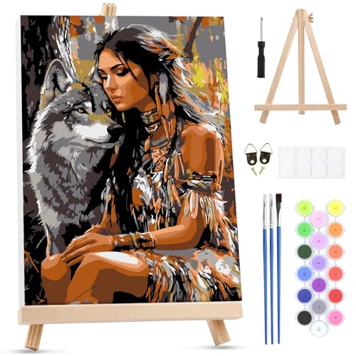 MXJSUA Native American Woman Wolf Framed Paint by Numbers for Adults Beginners, Easy Adults' Paint-by-Number Kits on Canvas with Easel, Acrylic Number Painting Crafts Gifts for Home Decor, 8x12 inch - color: Native American Woman Wolf
