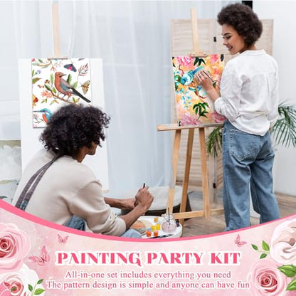 8 Sets 8" x 10" Flower and Bird Pre Drawn Canvas for Painting for Sip and Paint Party Predrawn Coloring Set Pre Sketched Canvas Boards with Paints and Brushes for Adult - style: Flower and Bird