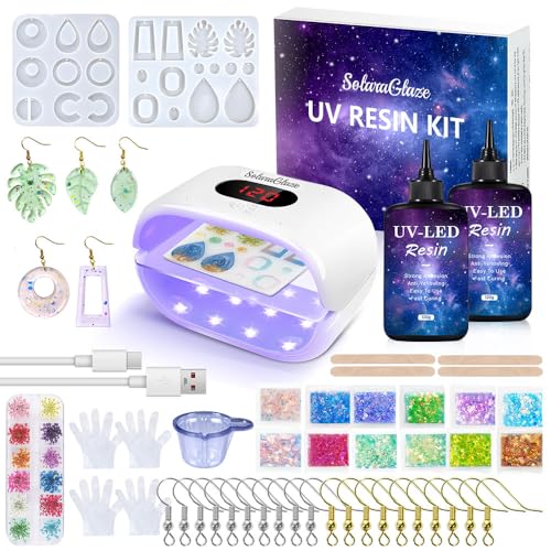 SolaraGlaze UV Resin Kit with Light 240g Hard Type Clear UV Resin Jewelry Making Kit Two-Sided Light and Molds DIY Jewelry Making Supplies for Keychain and Earring