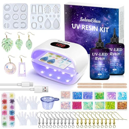 SolaraGlaze UV Resin Kit with Light 240g Hard Type Clear UV Resin Jewelry Making Kit Two-Sided Light and Molds DIY Jewelry Making Supplies for Keychain and Earring