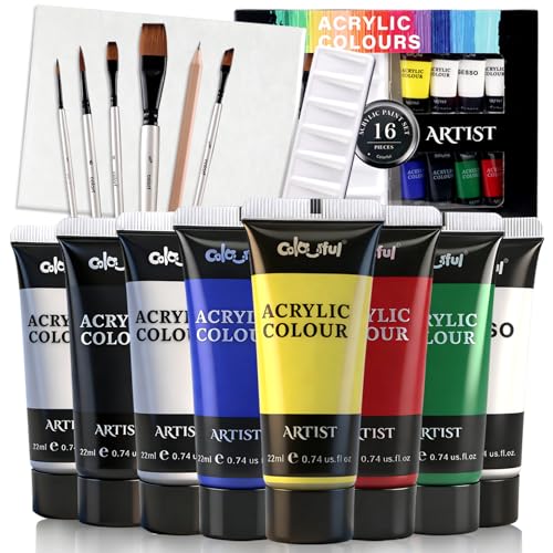 Colorful Artist Acrylic Paint Set, 16 Pack 0.74oz each with brush and Palette Art Paint, Non Toxic, Highly Pigment Paints for DIY Crafts & Beginner Artists