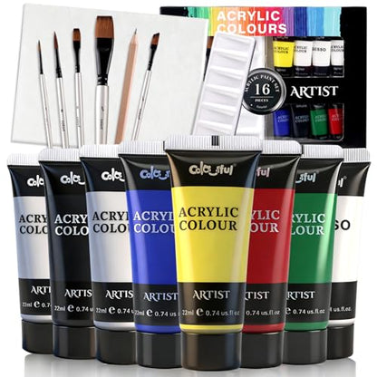 Colorful Artist Acrylic Paint Set, 16 Pack 0.74oz each with brush and Palette Art Paint, Non Toxic, Highly Pigment Paints for DIY Crafts & Beginner Artists