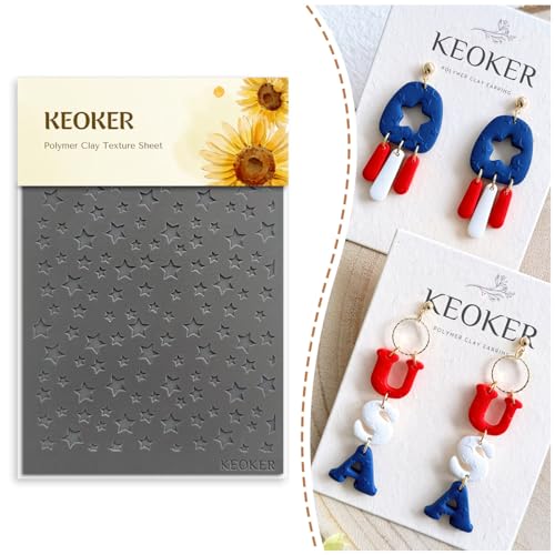 KEOKER Polymer Clay Texture Sheets, Stars Clay Texture Mat, Polymer Clay Earrings Tools on Independence Day or 4th of July, Like Polymer Clay Rollers, Great Work with Polymer Clay Cutters (Stars)