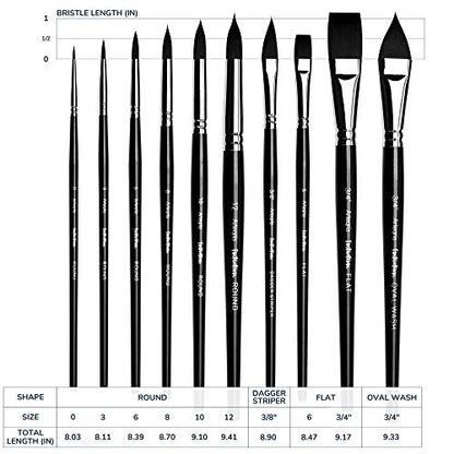 ARTEGRIA Watercolor Brush Set, 10 Professional Soft Synthetic Squirrel Paint Brushes, Including Pointed Rounds, Flats, Dagger, Oval Wash - color: Black - 10pcs