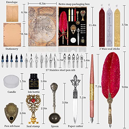 Quill Pen and Ink Set, Includes Feather Pen, Wooden Dip Pen, 17 Replacement Nibs, Pen Base, 3 Wax Seal Sticks, Stamp, White Wax, Spoon, Envelope Letter Paper, Envelope Tool (Red)