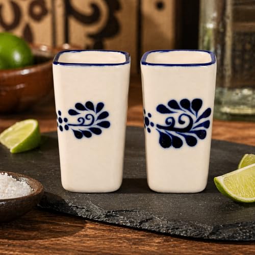 Hand-Painted Mexican Ceramic Shot Glasses, Square Tequilero Cups – 2 oz Each, Set of 2 – Colonial White with Blue Design – Tequila, Mezcal & Sangrita - White Cuadrado