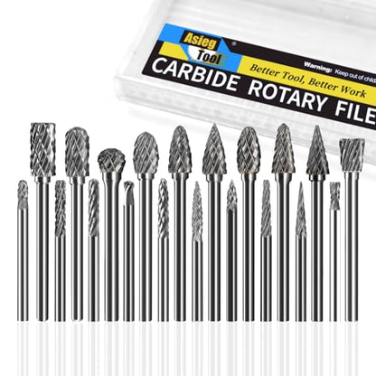 Asieg Tool 20 Pcs Carbide Die Grinder Burrs Bits 1/8" Shank for Dremel Milwaukee Metal Grinding Wood Stone Steel Carving Cutting Engraving Grinder Kit Attachment Rotary Tool Accessories Sets