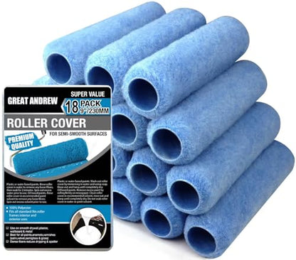 Great Andrew 18 Pack Paint Roller Covers 9 Inch 3/8-Inch Nap, Dense Fibers Large Paint Roller Kit for Painting Textured Smooth Rough Surfaces Walls Floors House - size: 18pcs, 9", Blue