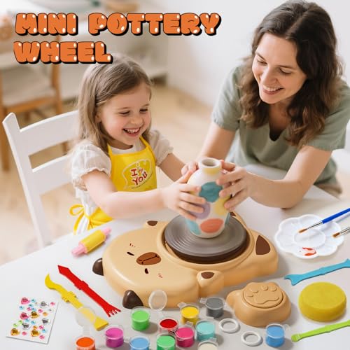 Skirfy Mini Pottery Wheel Machine Kit for Beginners Kids with Light,Electric Ceramic Wheel with Foot Pedal&Painting Kit, Adjustable Speed,Clay Spinner DIY Tools for Art Craft Birthday (Brown) - color: brown