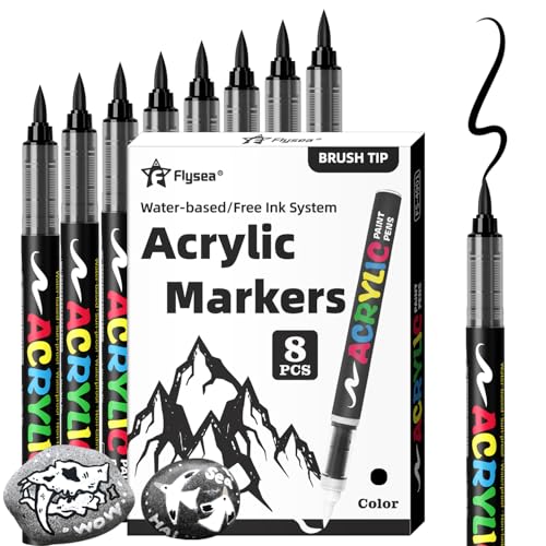 Paint Pens Acrylic Markers - 8 Black Brush Tip Water Based Marker Pens for Rock Painting, Wood, Ceramic, Glass, Acrylic Paint Markers for Egg Pumpkin - color: Black, size: 8 Pcs