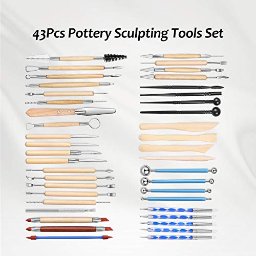 ISSEVE Pottery Clay Sculpting Tools 43Pcs Double Sided Ceramic Clay Carving Tool Set with Carrying Case Bag for Beginners Professionals School Student Pottery Modeling Smoothing - color: Brown Bag