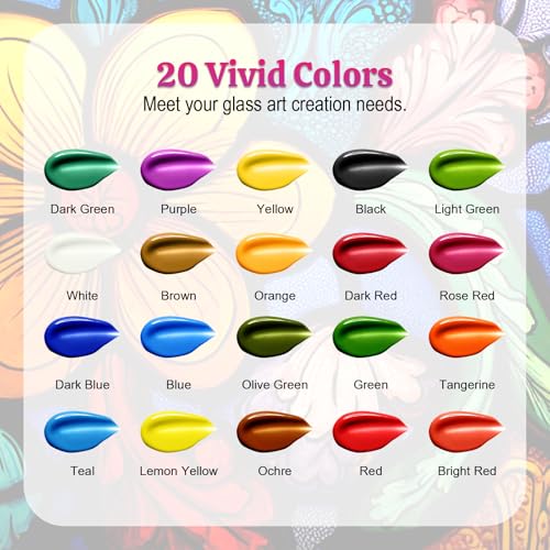 HOMY ARTY Glass Paint 20 Colors (1 fl oz Each) with 3 Brushes, Permanent No-Bake Acrylic Enamel Paint, Waterproof Stained Glass Paints, for Glass Painting, Ceramics, Light Bulbs and Windows
