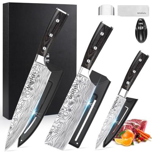 MOSFiATA Professional Chef Knife Set with German High Carbon Stainless Steel Kitchen Knife Set 3 PCSwith Finger Guard,Knife Sharpener,Knives Set for Kitchen with Gift Box - style: 3pcs knife set