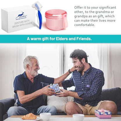Leak Proof Denture Cups Bath, Dishwasher safe, Denture Case for Soaking Full & Partial Dentures, Retainers, with Hard Denture Cleaner Brush & Denture Brush Cover (Transparent Rouge) - color: transparent rouge
