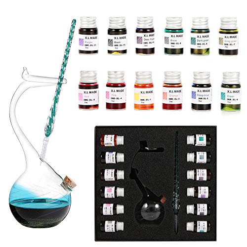 Thyggzjbs Handmade High Borosilicate Glass Glass Dip Pen Ink Set-Crystal Pen with 12 Colorful Inks for Art, Writing, Signatures, Calligraphy, Decoration, Gift - color: Light Blue