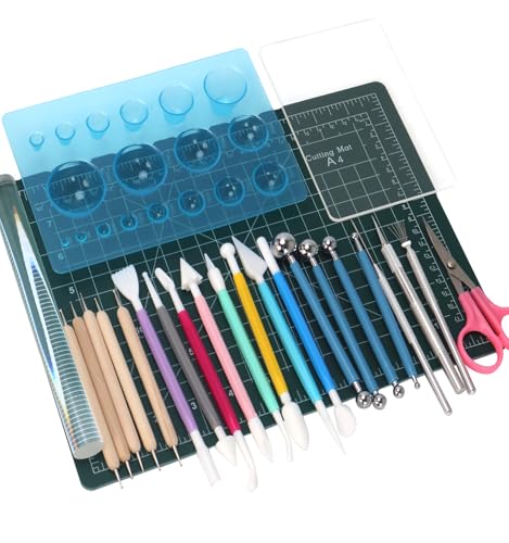 Basic Polymer Clay Tools, Clay Sculpting Tools Acrylic Roller Pin, Clear Rectangle Sheet Press Board, Double-Ended Pottery Carving Set for Beginner (26) - size: 26