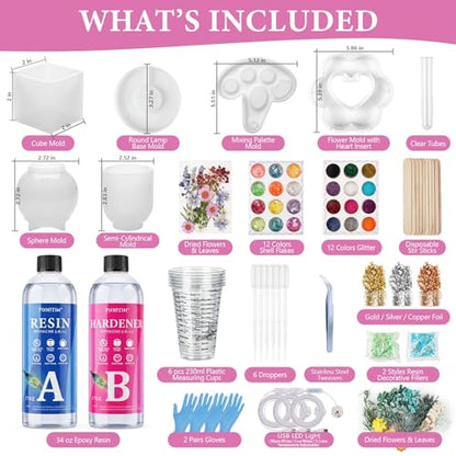 Epoxy Resin Kit with Light for Beginners, 34OZ Epoxy Kit with Dried Flowers, Measuring Cups and Resins Supplies, Resin Kit and Molds Complete Set DIY Crafts for Adults, Epoxy Set with Vase Mold - size: 34oz