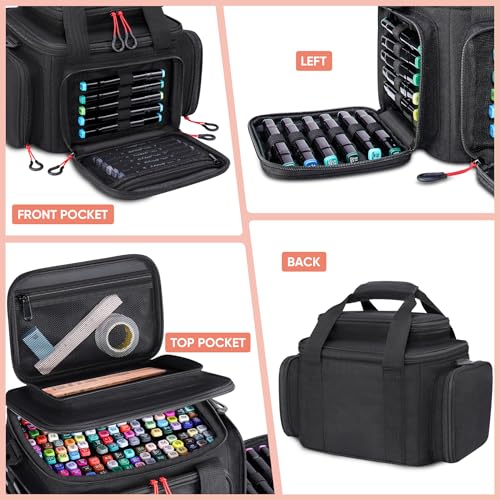 Large Marker Organizer Case for 200-300 Markers, Art Marker Storage Bag with Removable Dividers & 4 Pockets for Paint Markers, Shoulder Strap, Pencil Alcohol Marker Holder