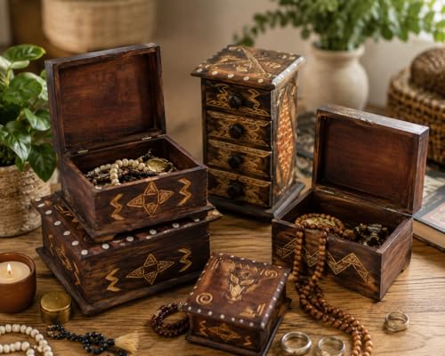 Hand-Carved Wooden Keepsake Box Collection – Decorative Rustic Storage Box, Jewelry Box, Trinket Organizer, Handmade Artisan Wood Home Décor (Box Lg & Med & Sm (Set of 3)) - size: Box Lg & Med & Sm (Set of 3)